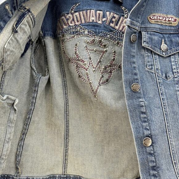 Harley Davidson Denim Jean Jacket Women's S Blue Embroidered Studded Logo EUC - Picture 5 of 12